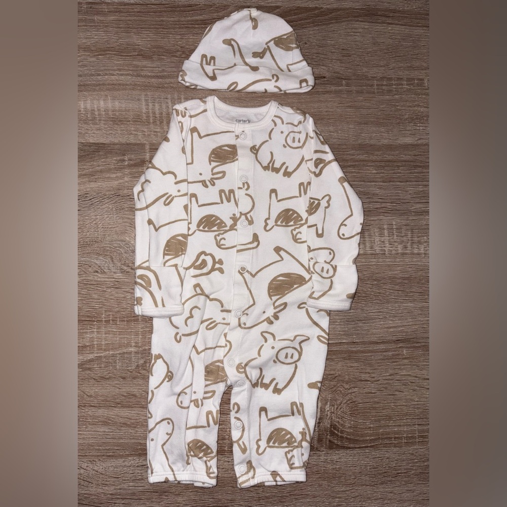 White & tan animal pajama w| hat
